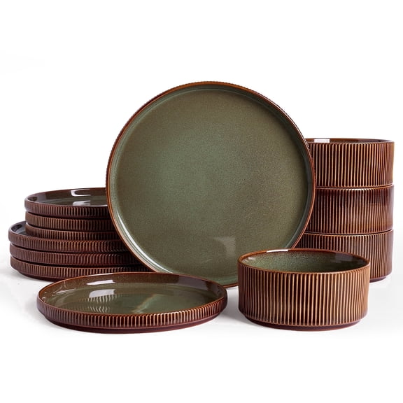 Famiware 12-Piece Stoneware Dinnerware Set, Microwave & Dishwasher Safe - Service for 4, Moss & Cocoa