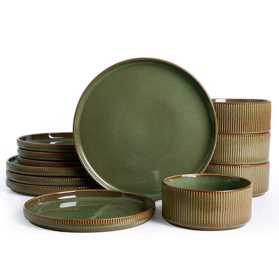 Famiware 12-Piece Stoneware Dinnerware Set, Microwave & Dishwasher Safe - Service for 4, Moss