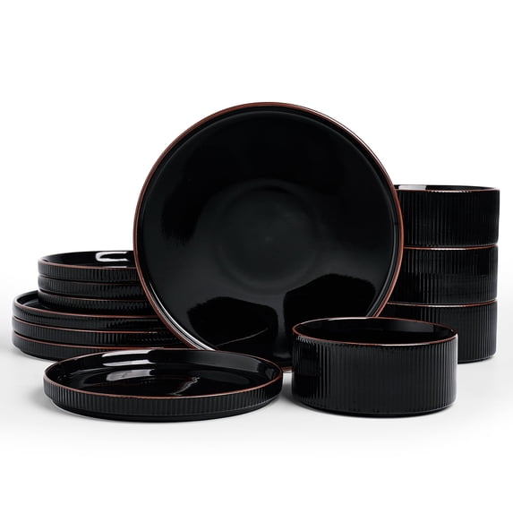 Famiware 12 Pieces Porcelain Dinnerware Set, Glossy Black