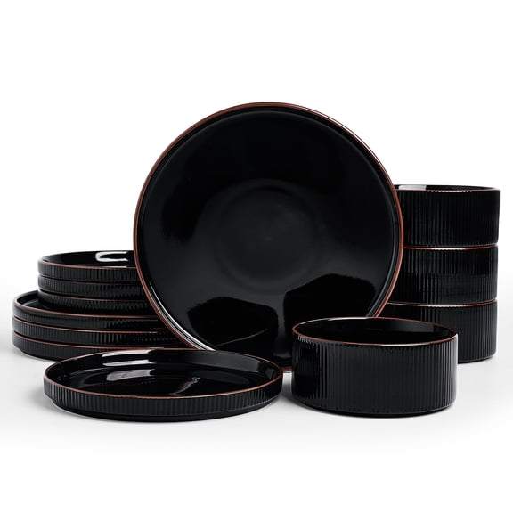Famiware 12 Pieces Porcelain Dinnerware Set, Glossy Black