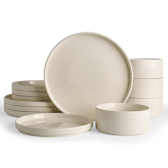 Famiware 12 Pieces Porcelain Dinnerware Set, Milky White
