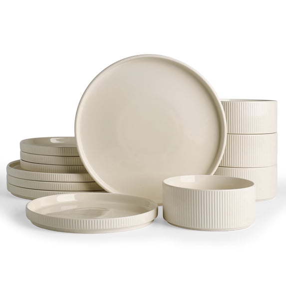 Famiware 12 Pieces Porcelain Dinnerware Set, Milky White