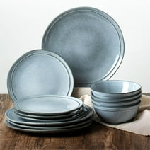 Famiware Aegean 12-Piece Stoneware Dinnerware Set, Plates and Bowls Set for 4, Blue