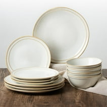 Famiware Aegean 12-Piece Stoneware Dinnerware Set, Plates and Bowls Set for 4, Cappuccino White