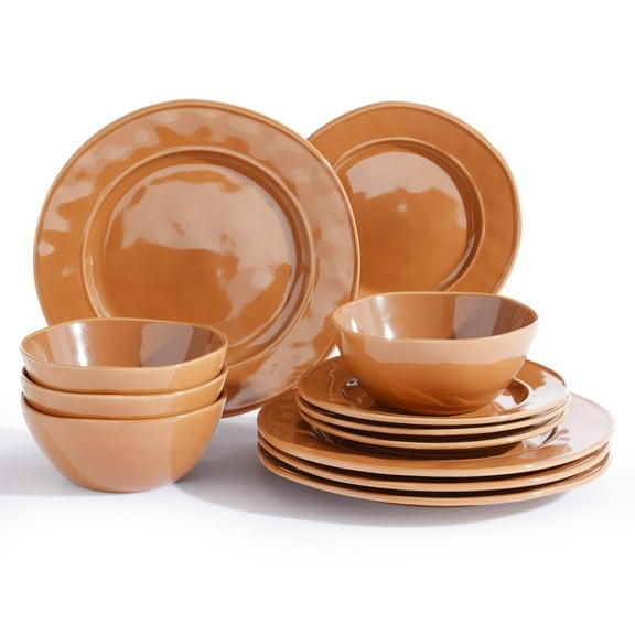 Famiware Aurora 12 Piece Dinnerware Set, Stoneware Plates and Bowls Set, Service for 4, Brown