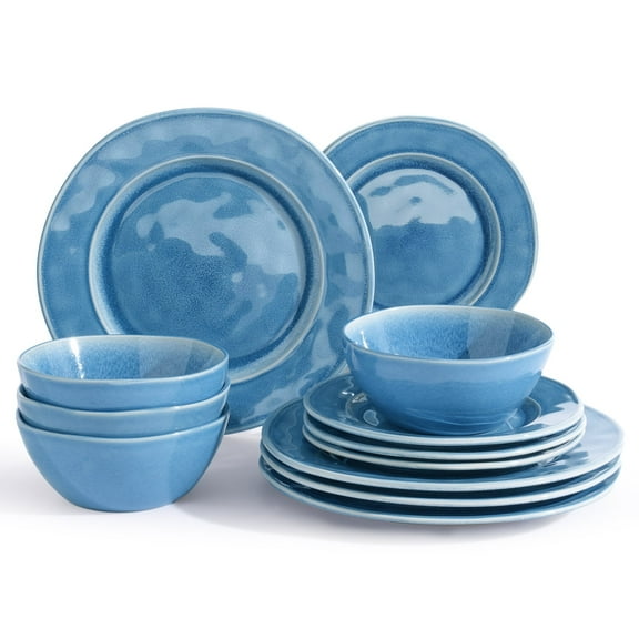 Famiware Aurora 12 Piece Dinnerware Set, Stoneware Plates and Bowls Set, Service for 4, Lagoon Blue