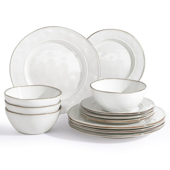 Famiware Aurora 12 Piece Dinnerware Set, Stoneware Plates and Bowls Set, Service for 4, Pearl White