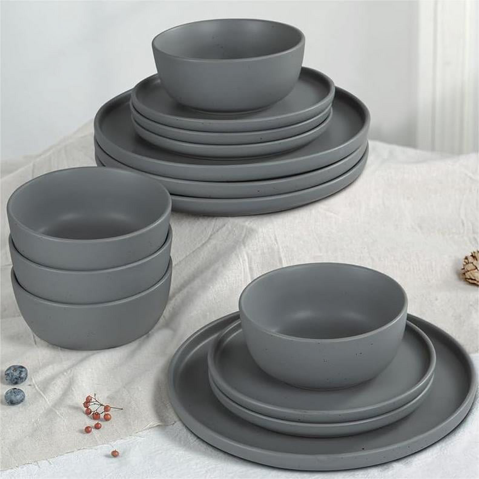 Famiware Dawn 12 Piece Dinnerware Sets Plates and Bowls Set Matte Dishes Dark Gray