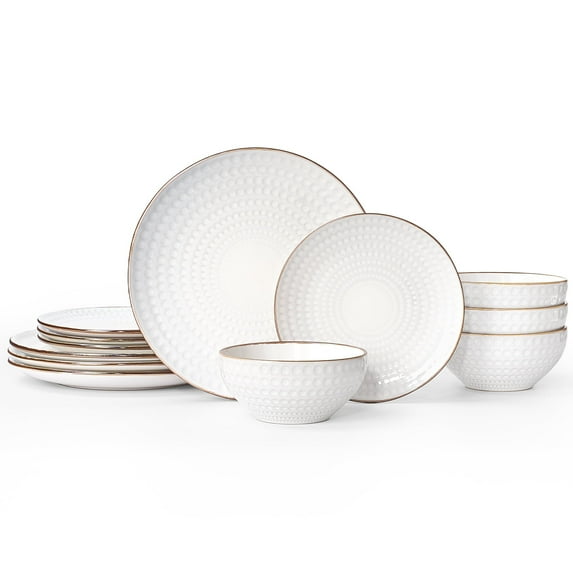 Famiware Eden Stoneware Dinnerware Sets, 12-Piece Dish Set, White Circle