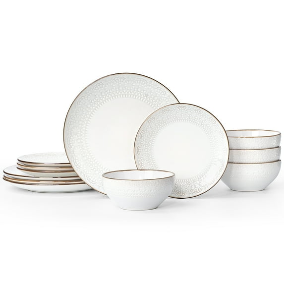 Famiware Eden Stoneware Dinnerware Sets, 12-Piece Dish Set, White Floral