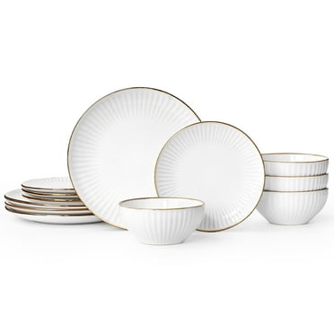Famiware Eden Stoneware Dinnerware Sets, 12-Piece Dish Set, White Stripe