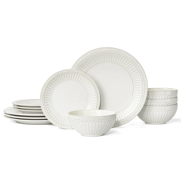 Famiware Garden 12-Piece Dinnerware Sets, Stoneware Dish Set for 4, White