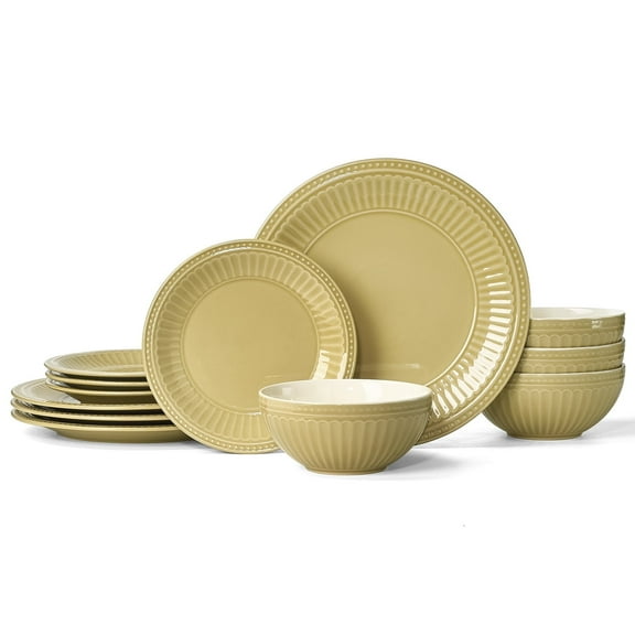 Famiware Garden 12-Piece Dinnerware Sets, Stoneware Dish Set for 4, Yellow
