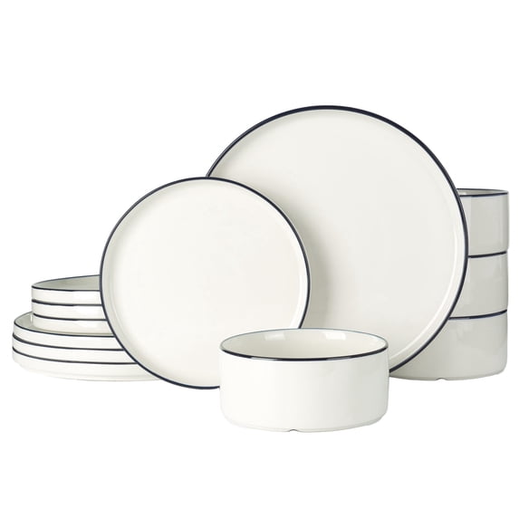 Famiware Jade Stoneware Dinnerware Sets, 12-Piece Dish Set, White with Blue Rim