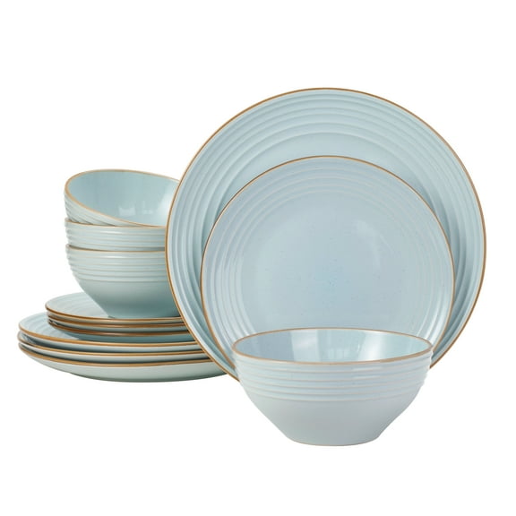 Famiware Jupiter 12-Piece Stoneware Dinnerware Set for 4, Plates & Bowls, Light Blue