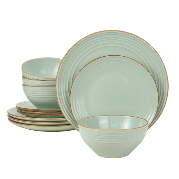 Famiware Jupiter 12-Piece Stoneware Dinnerware Set for 4, Plates & Bowls, Light Green