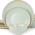 thumbnail image 1 of Famiware Jupiter Dinnerware Set, Plates and Bowls Dish Sets for 4 (12 Pieces), Microwave and Dishwasher  Stoneware Speckled Tableware, Chip and Scratch Resistant, Light Green, 1 of 5