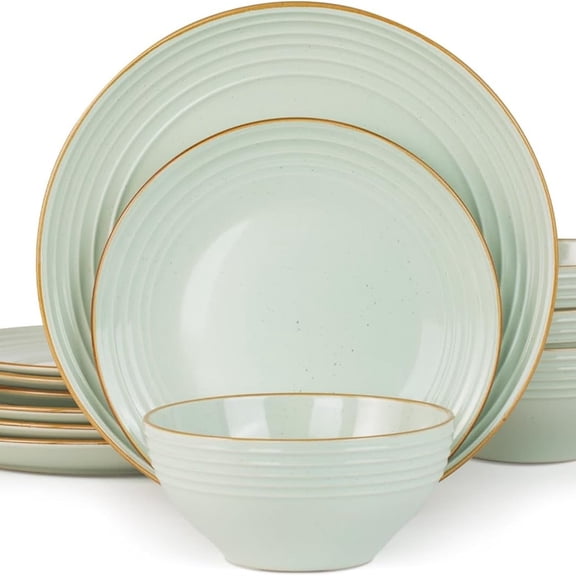 Famiware Jupiter Dinnerware Set, Plates and Bowls Dish Sets for 4 (12 Pieces), Microwave and Dishwasher  Stoneware Speckled Tableware, Chip and Scratch Resistant, Light Green