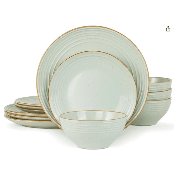 Famiware Jupiter Dinnerware Set, Plates and Bowls Dish Sets for 4 (12 Pieces), Microwave and Dishwasher Stoneware Speckled Tableware, Chip and Scratch Resistant, Light Green