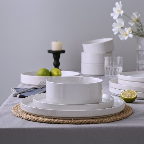 Famiware Nebula Plates and Bowls Set, 12 Pieces Dinnerware Sets, Dishes Set for 4, White with Colorful Speckles