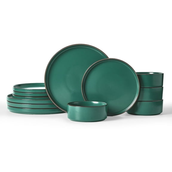Famiware Nebula Stoneware Dinnerware Sets, 12-Piece Dish Set, Dark Green