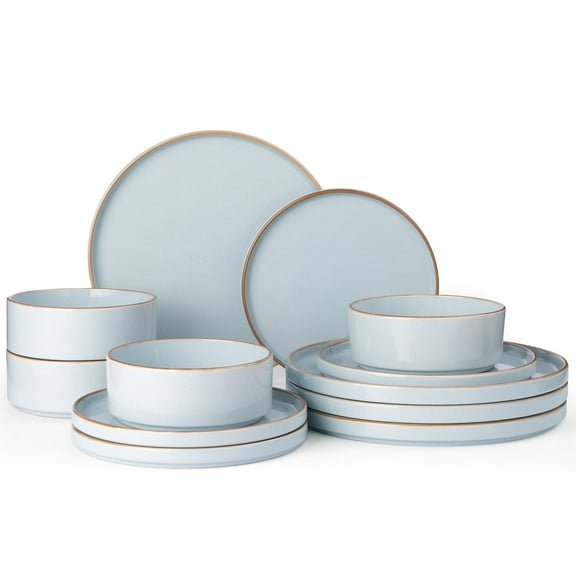 Famiware Nebula Stoneware Dinnerware Sets, 12-Piece Dish Set, Light Blue with Brown Rim