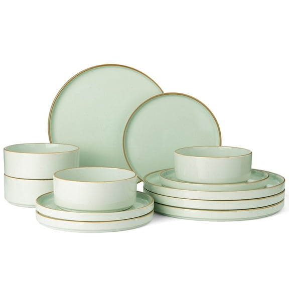 Famiware Nebula Stoneware Dinnerware Sets, 12-Piece Dish Set, Light Green with Brown Rim