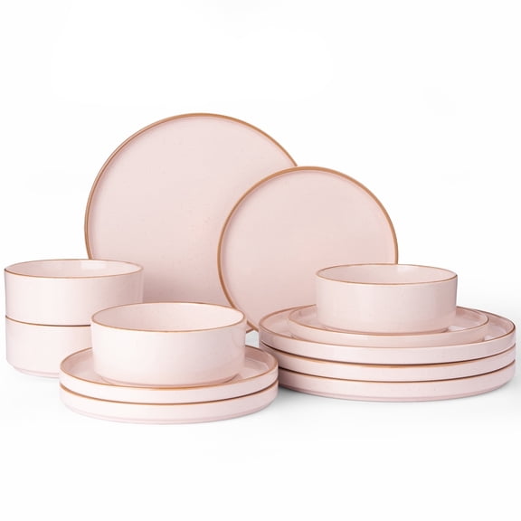 Famiware Nebula Stoneware Dinnerware Sets, 12-Piece Dish Set, Light Pink with Brown Rim