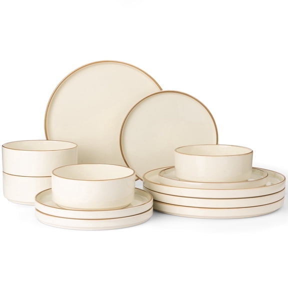 Famiware Nebula Stoneware Dinnerware Sets, 12-Piece Dish Set, Vanilla White with Brown Rim