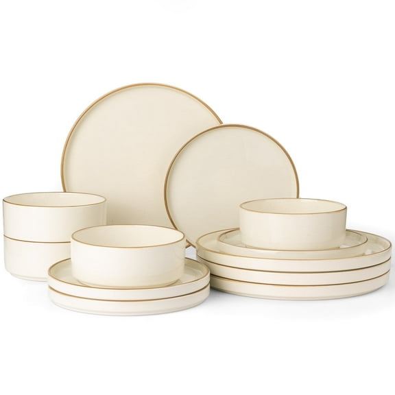 Famiware Nebula Stoneware Dinnerware Sets, 12-Piece Dish Set, Vanilla White with Brown Rim