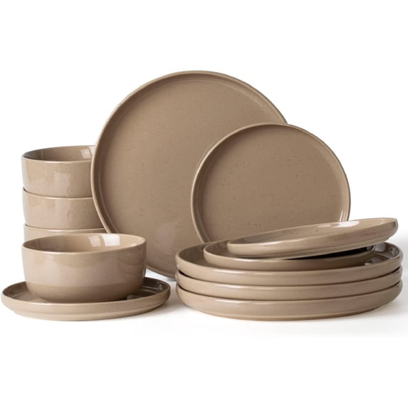 Famiware Plates and Bowls Set, 12 Piece Stoneware Dinnerware Sets, Brown