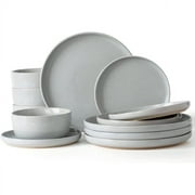 Famiware Plates and Bowls Set, 12 Piece Stoneware Dinnerware Sets, Light Gray