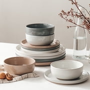 Famiware Plates and Bowls Set, 12 Piece Stoneware Dinnerware Sets, Multicolor