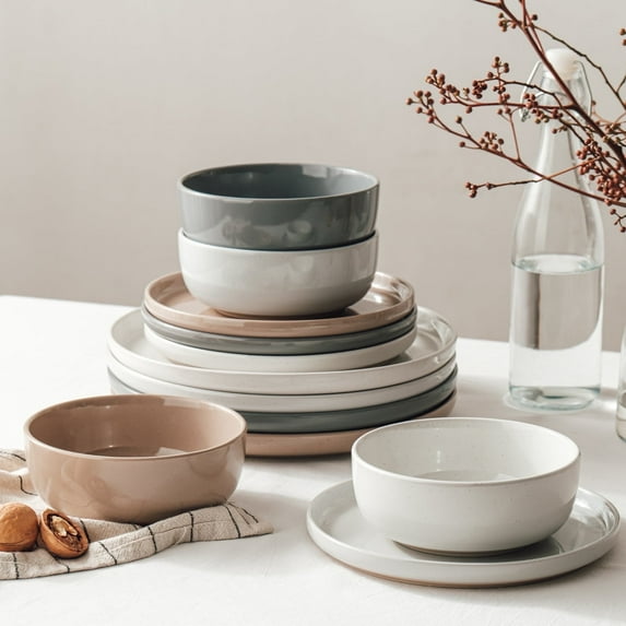Famiware Plates and Bowls Set, 12 Piece Stoneware Dinnerware Sets, Multicolor