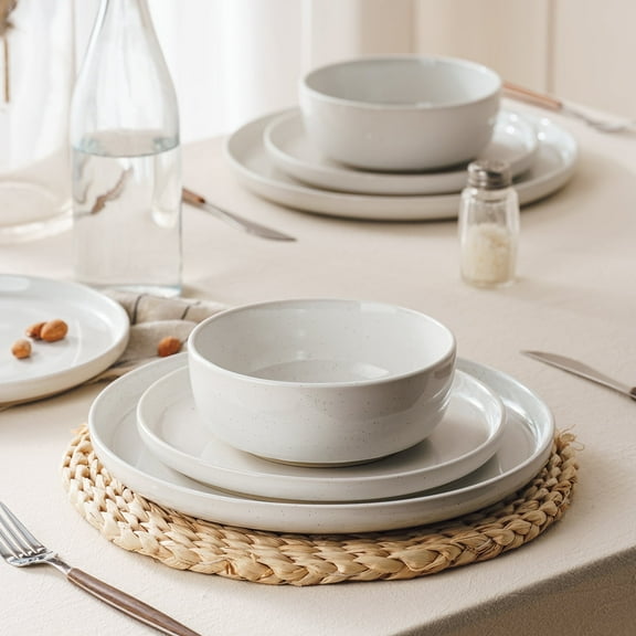 Famiware Plates and Bowls Set, 12 Piece Stoneware Dinnerware Sets, White