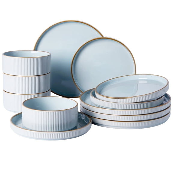 Famiware Star 12-Piece Dinnerware Set, Service for 4, Light Blue with Brown Rim