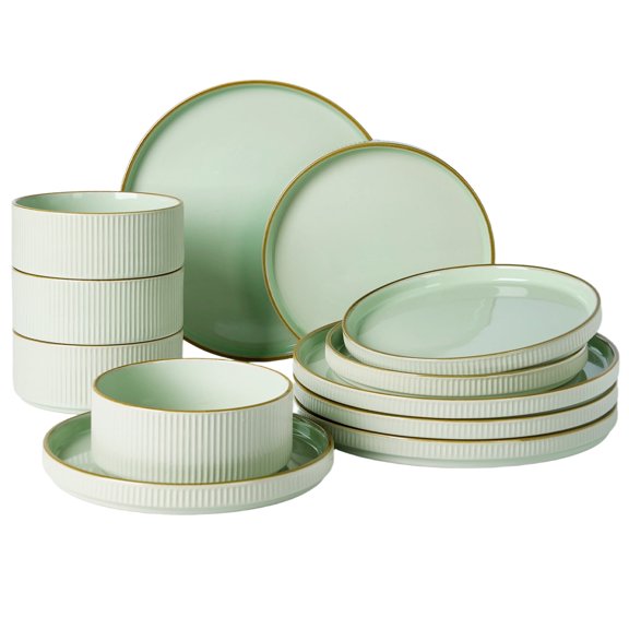 Famiware Star 12-Piece Dinnerware Set, Service for 4, Light Green with Brown Rim