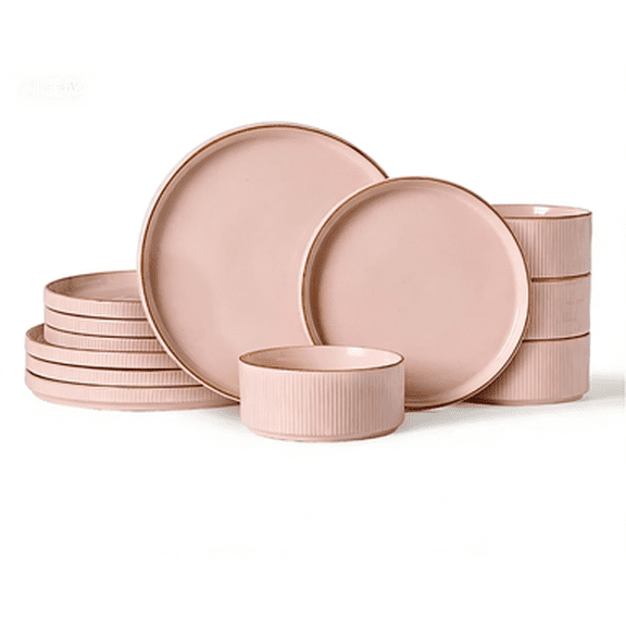 Famiware Star 12-Piece Kitchen Dish Set (Set Of 4), Light Pink with Brown Rim