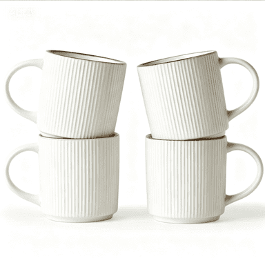 Famiware Star 13oz Stoneware Coffee Mug Set (set Of 4),White with Brown Rim
