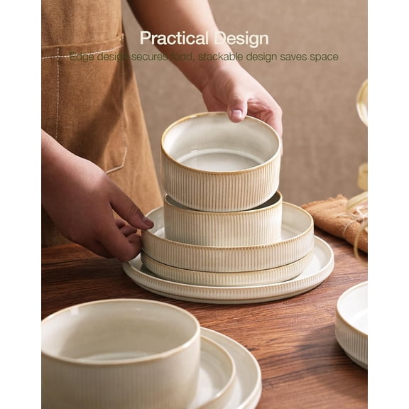 Famiware Star Dinnerware Sets, Plates and Bowls Set for 4, 12 Pieces Ribbed Dishes - Chip and Scratch Resistant, Microwave and Dishwasher Safe Tableware, Cappuccino White