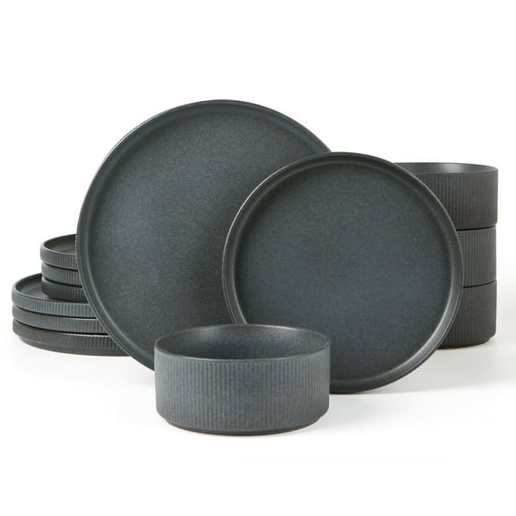Famiware Star Stoneware Dinnerware Set, 12-Piece, Matte Dark Charcoal