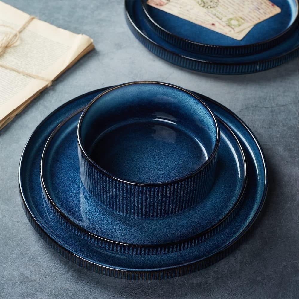 Famiware Star Stoneware Dinnerware Sets, Plates and Bowls Set for 4, 12 Piece Dish Set, Nebulas Blue