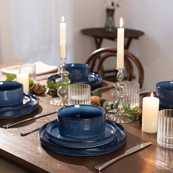 Famiware Star Stoneware Dinnerware Sets, Plates and Bowls Set for 4, 12 Piece Dish Set, Nebulas Blue