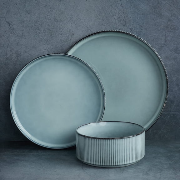 Famiware Star Stoneware Dinnerware Sets, Plates and Bowls for 4, 12 Piece Dish Set, Smoky Blue