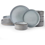 Famiware Star Stoneware Dinnerware Sets, Plates and Bowls for 4, 12 Piece Dish Set, Smoky Blue