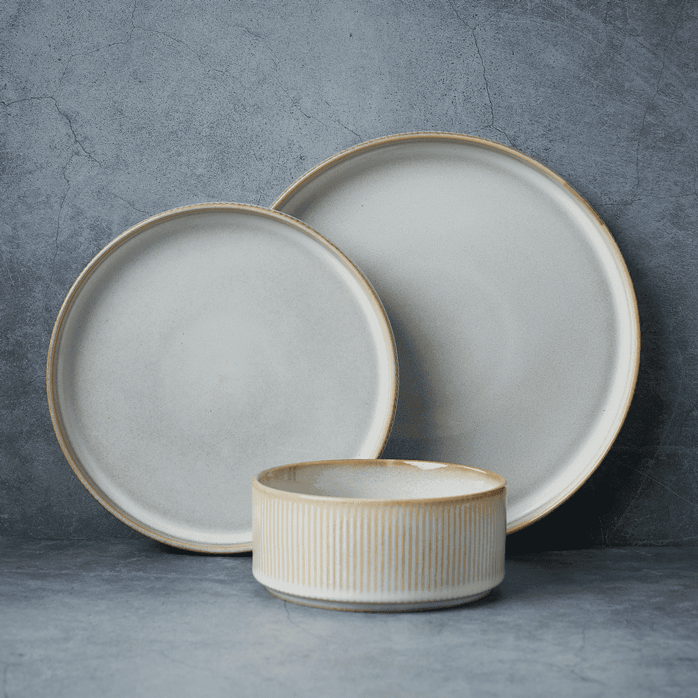 Famiware Stoneware Dinnerware Sets, Plates and Bowls Set, 12 Piece Dish Set, Cappuccino White