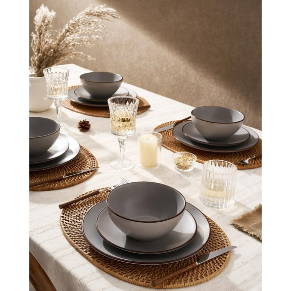 Famiware Venus Plates and Bowls Sets, 12 Pieces Stoneware Speckled Dinnerware Sets, Dishes Set for 4, Microwave and Dishwasher Safe, Matte Dark Grey