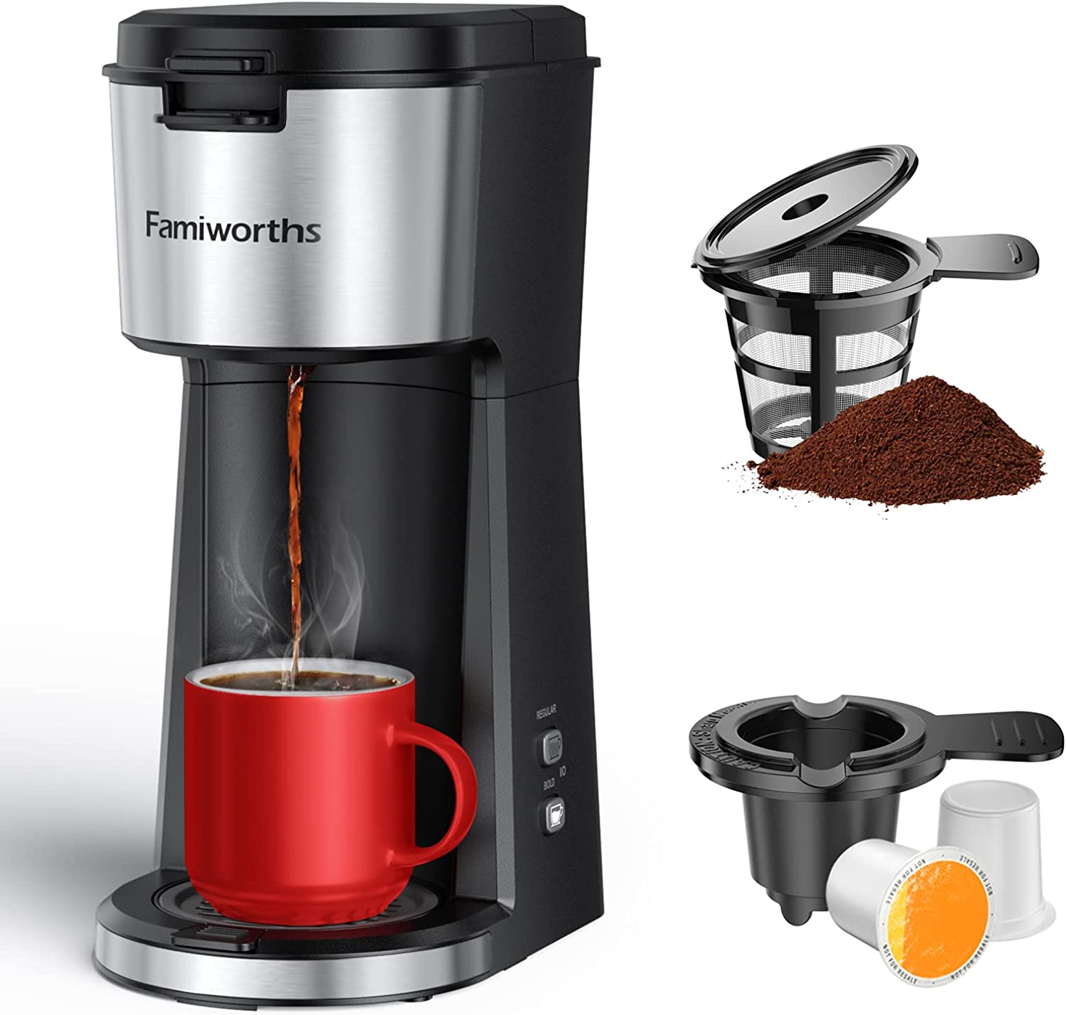 Famiworths Single Serve Coffee Maker for K Cup & Ground Coffee, With