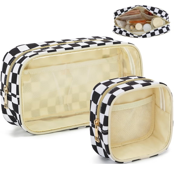 Fammart Clear Makeup Bag for Women,TSA Approved Checkered Cosmetic Bag,Car Organizer Case with Zipper,Large Waterproof Pouch Purse Toiletry Bag for Skincare,Brushes Travel Essentials