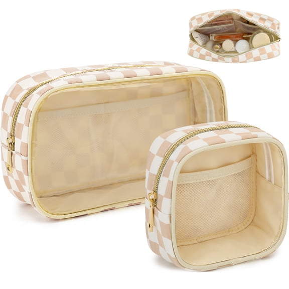 Fammart Clear Makeup Bag for Women,TSA Approved Checkered Cosmetic Bag,Car Organizer Case with Zipper,Large Waterproof Pouch Purse Toiletry Bag for Skincare,Brushes Travel Essentials